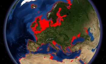 European continental shelf with maximum extent in red of exposed land 20,000 years ago.